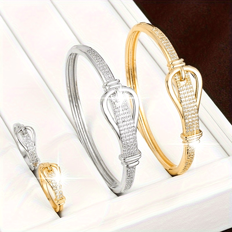 Stylish Buckle Zirconia Copper Bracelet & Ring Set
